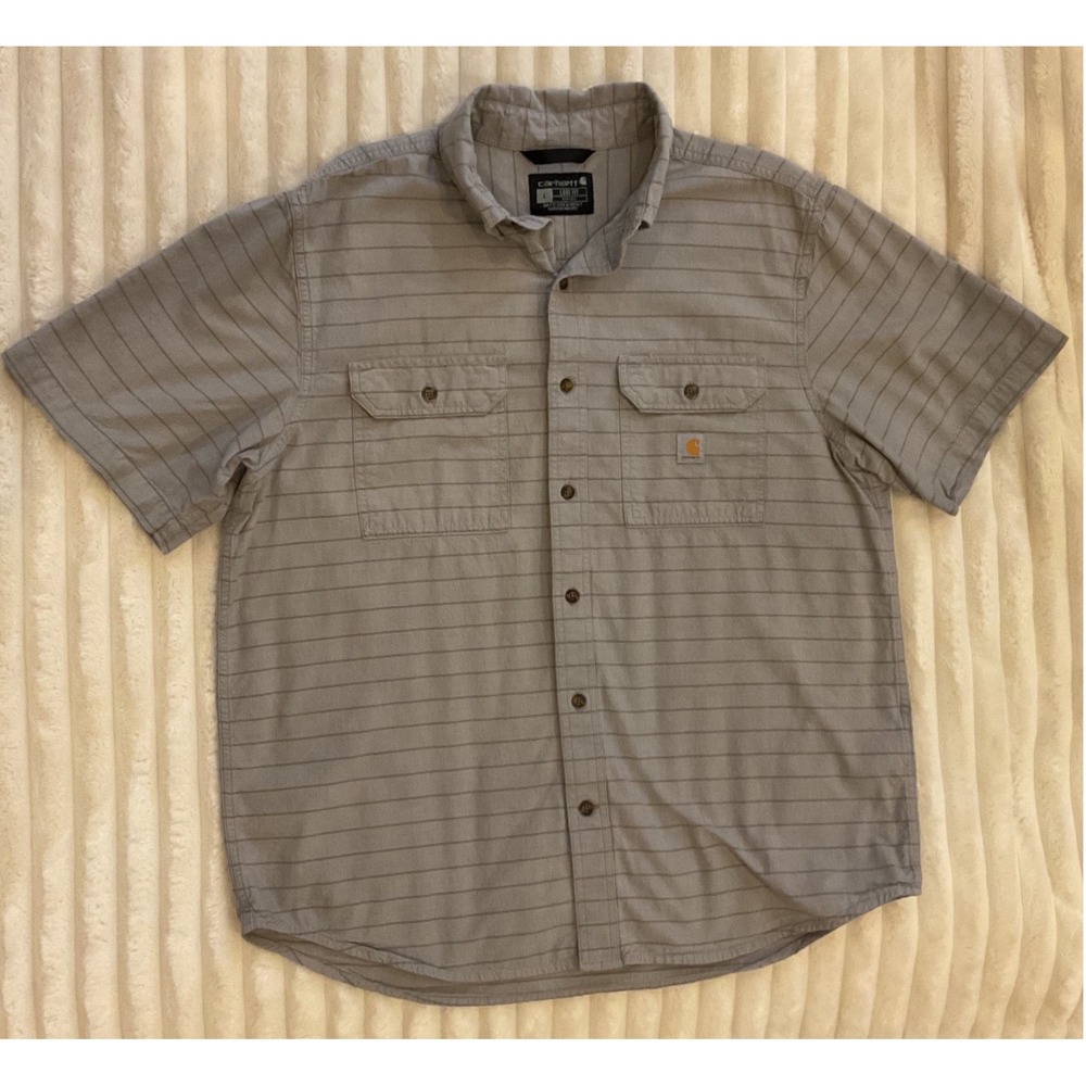 Carhartt Mens Loose Fit Short Sleeve Striped Button Down Shirt Gray 104525-VPG L